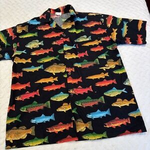 VTG 90s Shirt Black Colorful Fish All Over Print Short Sleeve Button Camp SZ Med